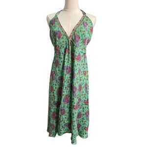 NWT Rhea Halter Dress Paisley Boho Open Back Tassel Tie Green Floral S/M
